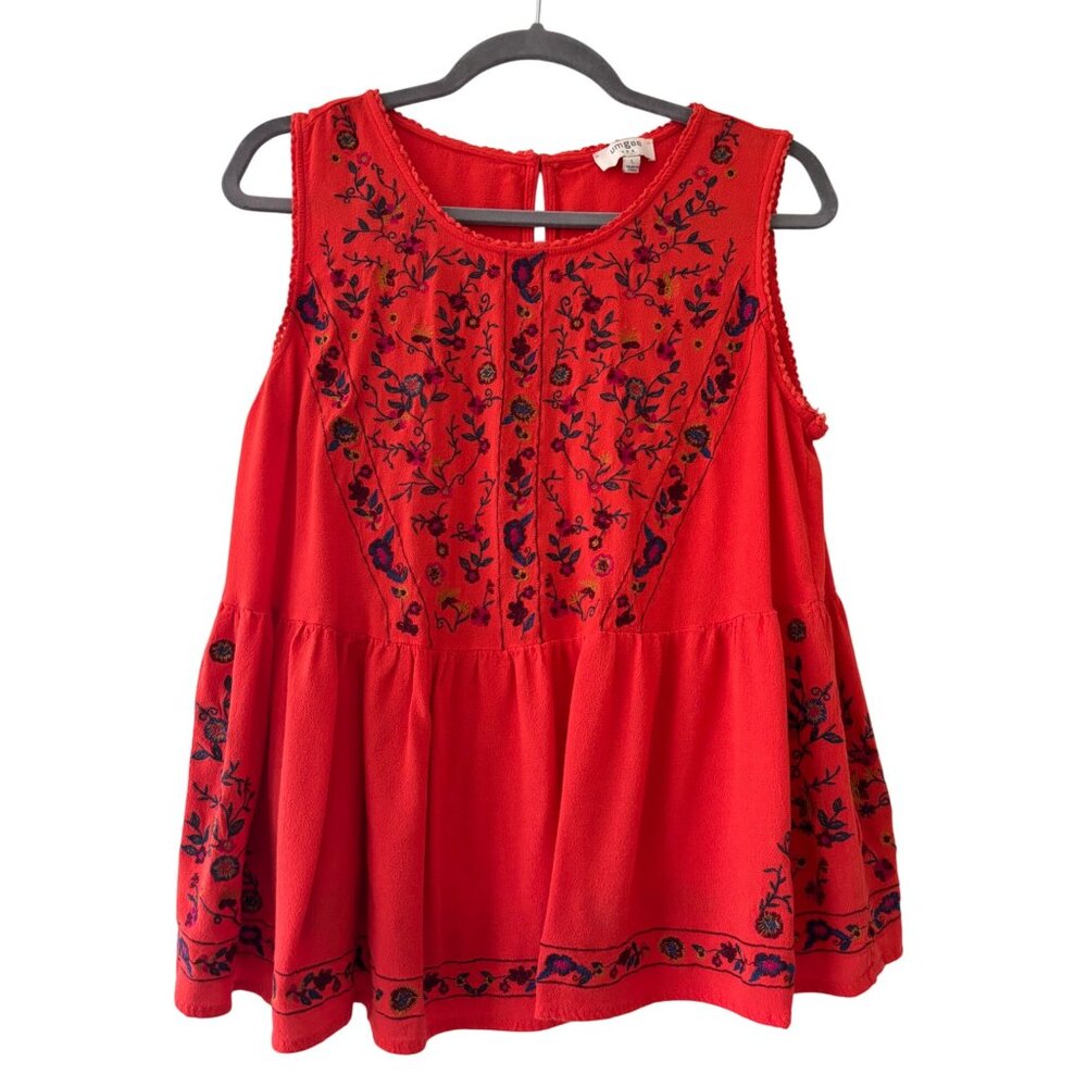 Umgee Red Sleeveless Embroidered Boho Tank Top With Floral Detailing Womens